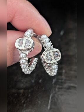 Pearl and Crystal Hoop Earrings with Silver-Tone Emblem